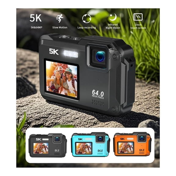 Aries SplashCam Pro 64MP Waterproof Digital Camera - Dual Display, WiFi, 16X Zoom (Orange)