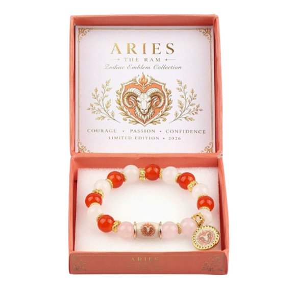 Aries Zodiac Crystal Bead Bracelet - Limited Edition Zodiac Emblem, Thoughtful Birthday Gift for Girlfriend, Wife, Her - Routine Crystal & Rose Quartz Beads, Bracelet Gift Box for