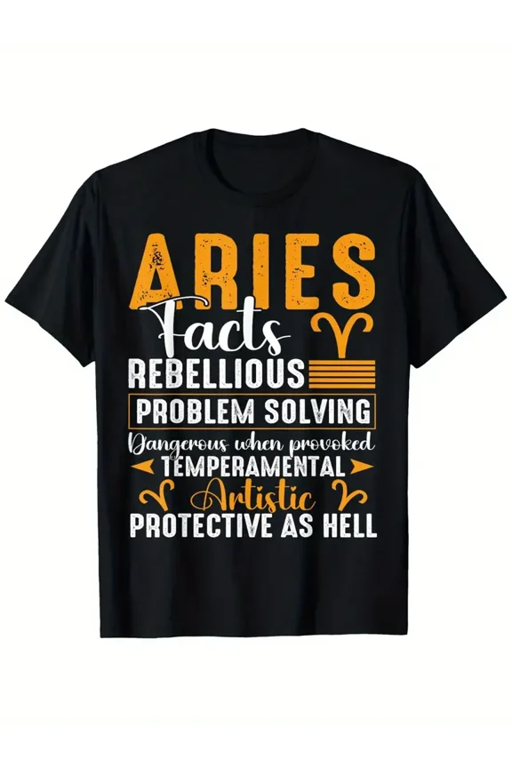 Aries Zodiac Facts Men Women Aries March April Birthday T-Shirt Zodiac T-shirt 100% Pure Cotton Gift For Men Women Dad Mom and Friends Large Sizes Are 1XL-5XL Black 180g Fabric