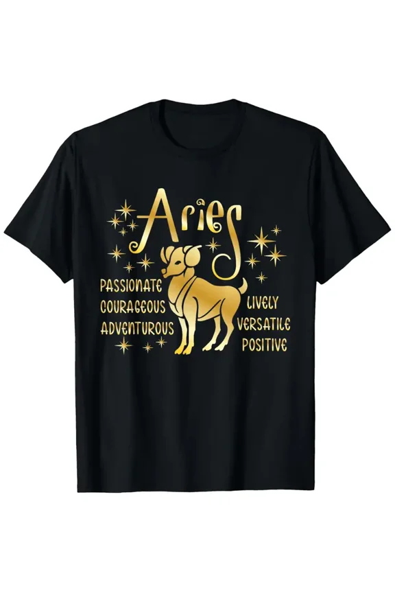 Aries Zodiac Golden Graphic Tee - 100% Cotton T-Shirt, Breathable & Soft, Casual Round Neck Short Sleeve, All-Season Wear, Black with Taurus Design, Sizes S-XXXL