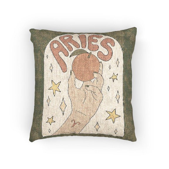 Aries Zodiac Hand and Orange Fruit Olive Green Decorative Woven Pillow with Stars and Arched Frame