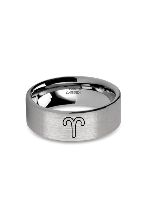 Aries Zodiac Mars Symbol Engraved Silver Tungsten Ring, Brushed, 8mm, Size 14.5