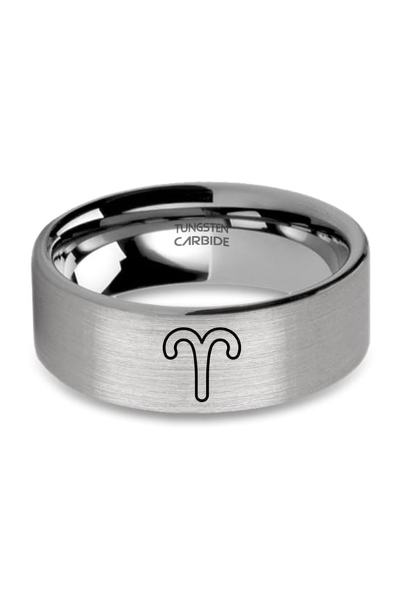 Aries Zodiac Mars Symbol Engraved Silver Tungsten Ring, Brushed, 8mm, Size 5