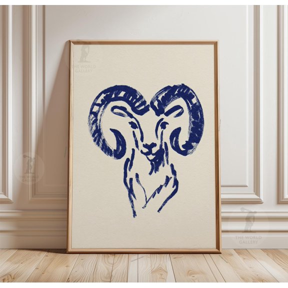 Aries Zodiac Poster, Ram Wall Art, Minimal Blue Line Drawing, Astrology Symbol Print, Poster Only
