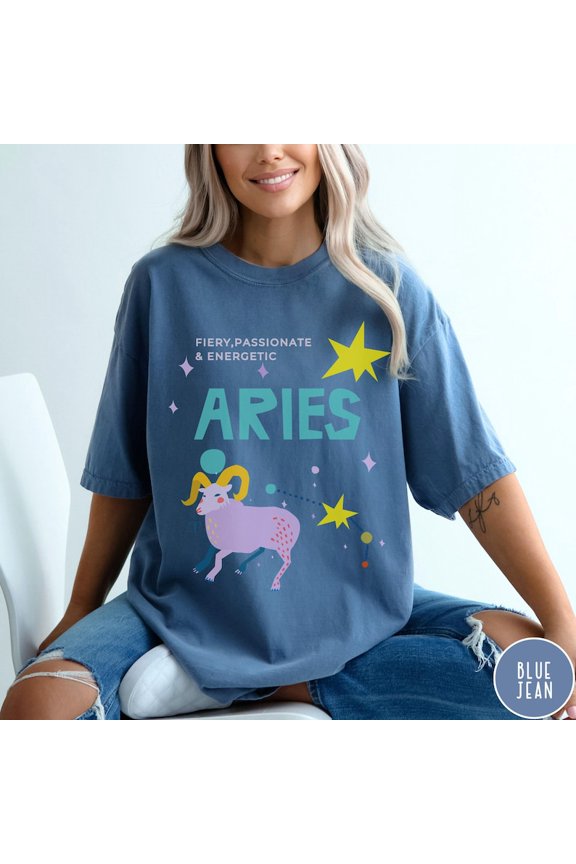Aries Zodiac Ram Graphic Tee Fiery Passionate Energetic Quote Retro Astrology Design Star Constellation Pastel Aesthetic Comfort Colors Unisex Cotton T-Shirt, Sizes S-3XL