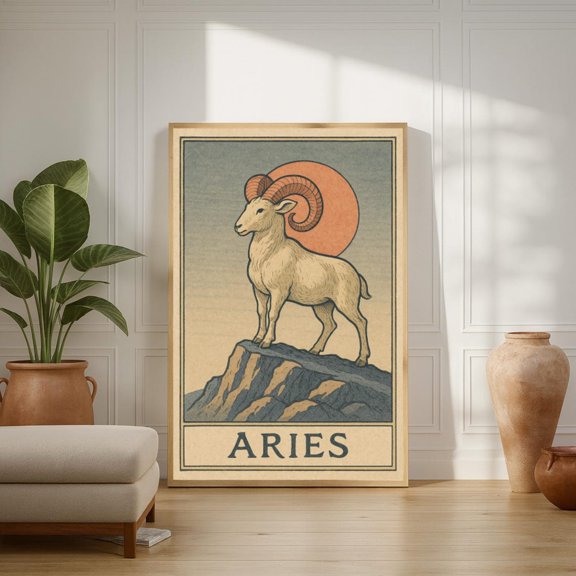 Aries Zodiac Ram Vintage Mountain Celestial Art Poster, Unframed Poster