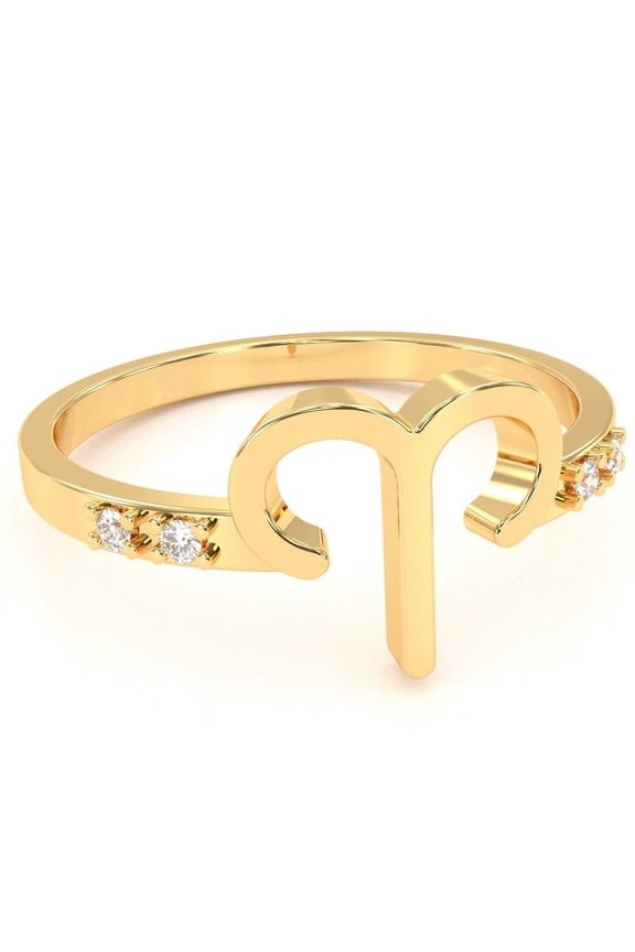 Aries Zodiac Sign Diamond Ring In Solid 14k Yellow Gold