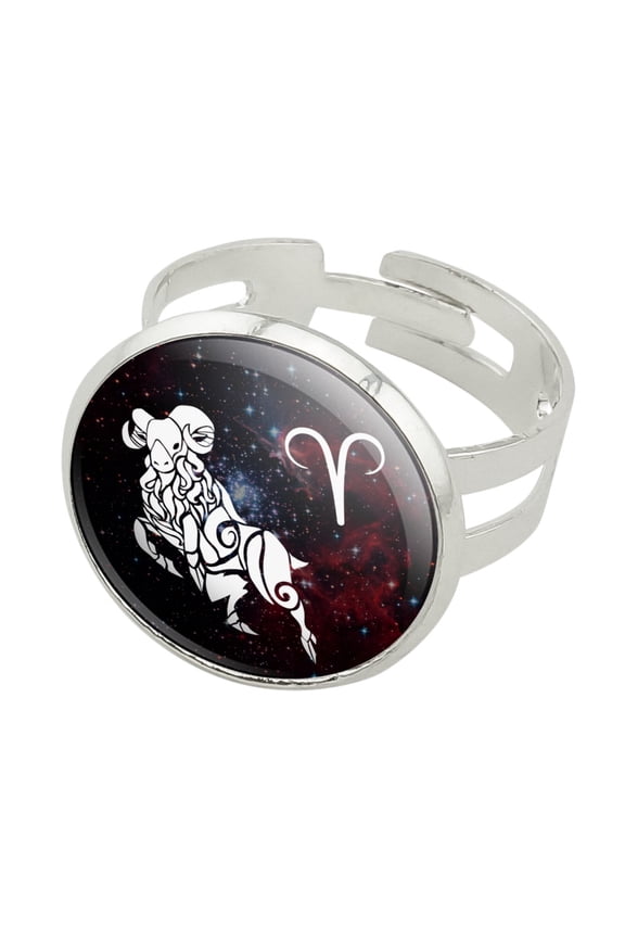 Aries Zodiac Sign Horoscope in Space Silver Plated Adjustable Novelty Ring