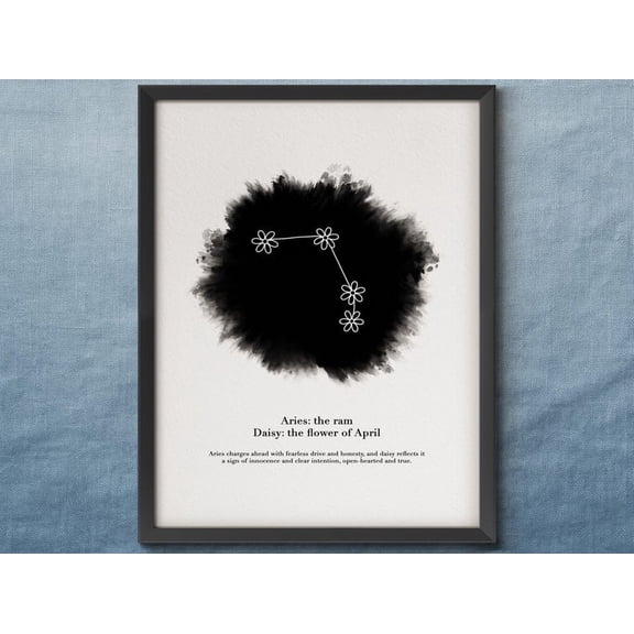 Aries Zodiac Star Map Wall Art Poster with Daisy Birth Flower, April Astrology Constellation Print, Ram Celestial Decor, Size 24x36, Unframed Poster