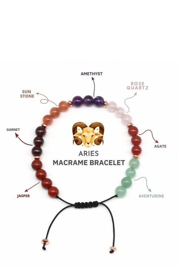 Aries Zodiac Stone Bracelet, Adjustable Closure Macrame Bracelet, Amethyst, Garnet, Aventurine Stones, Healing Jewelry, March Birthstone 6mm 7inches