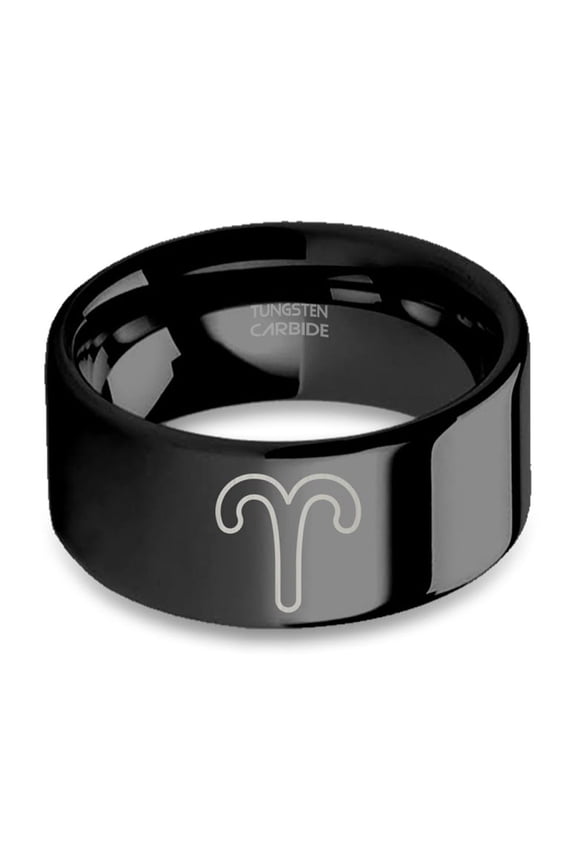 Aries Zodiac Symbol Engraved Black Tungsten Wedding Band, 10mm, Size 7