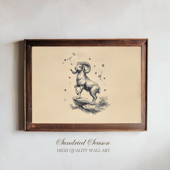 Aries Zodiac Vintage Ram Illustration Spiritual Astrology Celestial Boho, Unframed Paper Poster 8x10in