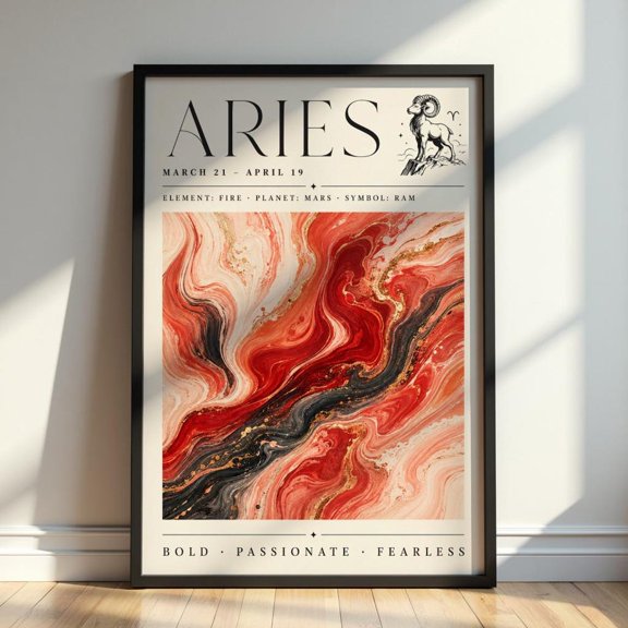 Aries Zodiac Wall Art Fiery Astrology Red Marble Birth Sign Print, Unframed Paper Print