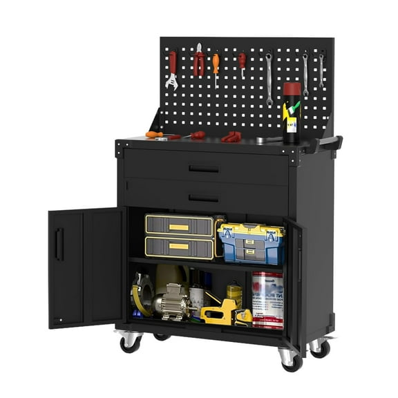 Arigeas 2-Drawer Rolling Tool Chest Cabinet with Pegboard, Multipurpose Metal Workstation for Garage Warehouse Workshop