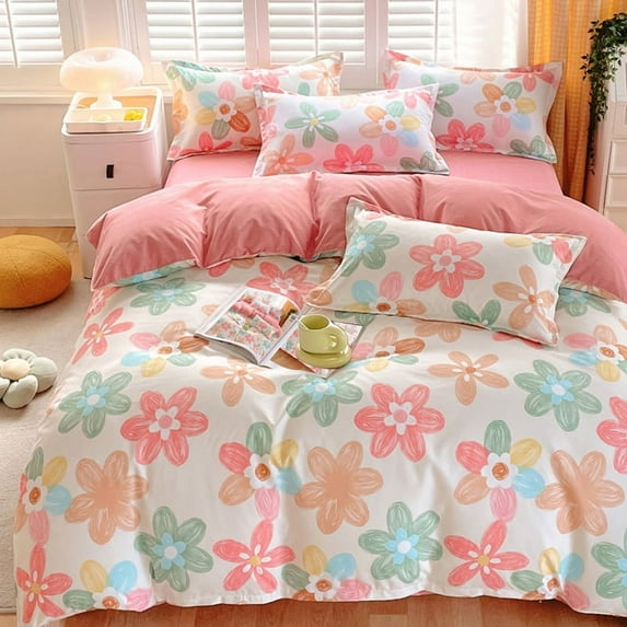 Sleepwish 3-Pieces Colorful Flowers Duvet Cover Set Twin for Kids Soft Bedding Set Pink Green