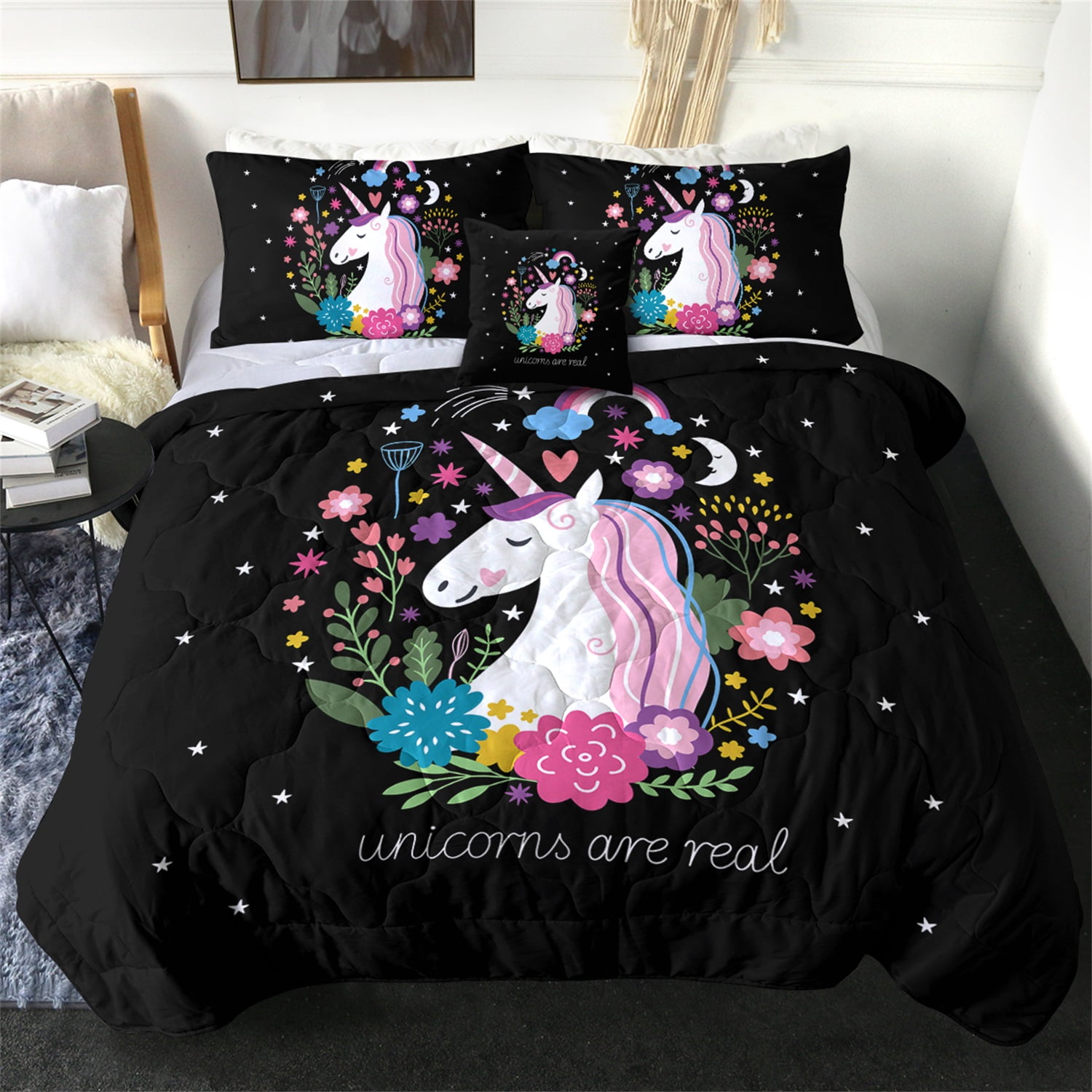 Arightex Kids Bedding Set 4 Pieces Super Soft Black Unicorn Twin
