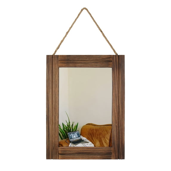 Arikago 16 X 12 Inch Rustic Wood Framed Wall Mirror with Hanging Rope for Farmhouse Décor, for Entryway, Bedroom, Bathroom, Dresser, Brown