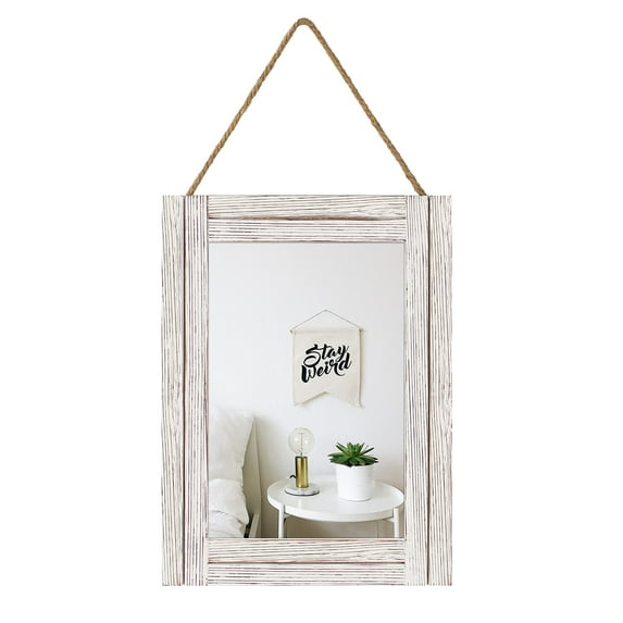 Arikago 16 X 12 Inch Rustic Wood Framed Wall Mirror with Hanging Rope for Farmhouse Dcor, for Entryway, Bedroom, Bathroom, Dresser, Wash White