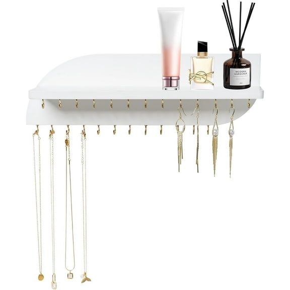 Arikago Hanging Jewelry Organizer with Hooks and Cosmetics Shelf, Modern Wood Wall Mounted Jewelry Holder for Necklaces, Bracelets, Earrings and Rings, White