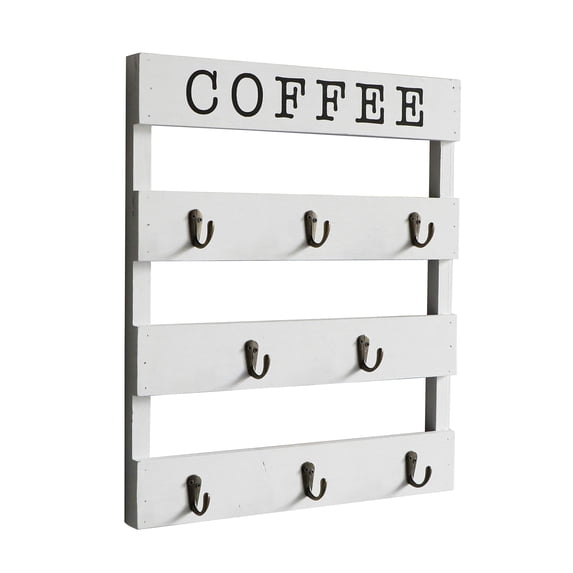 Arikago Solid Wood Coffee Mug Holder Wall Mounted, Rustic Cup Rack with 8 Hooks Large Space for Big Cups for Kitchen, Home, Coffee Bar Station (White)
