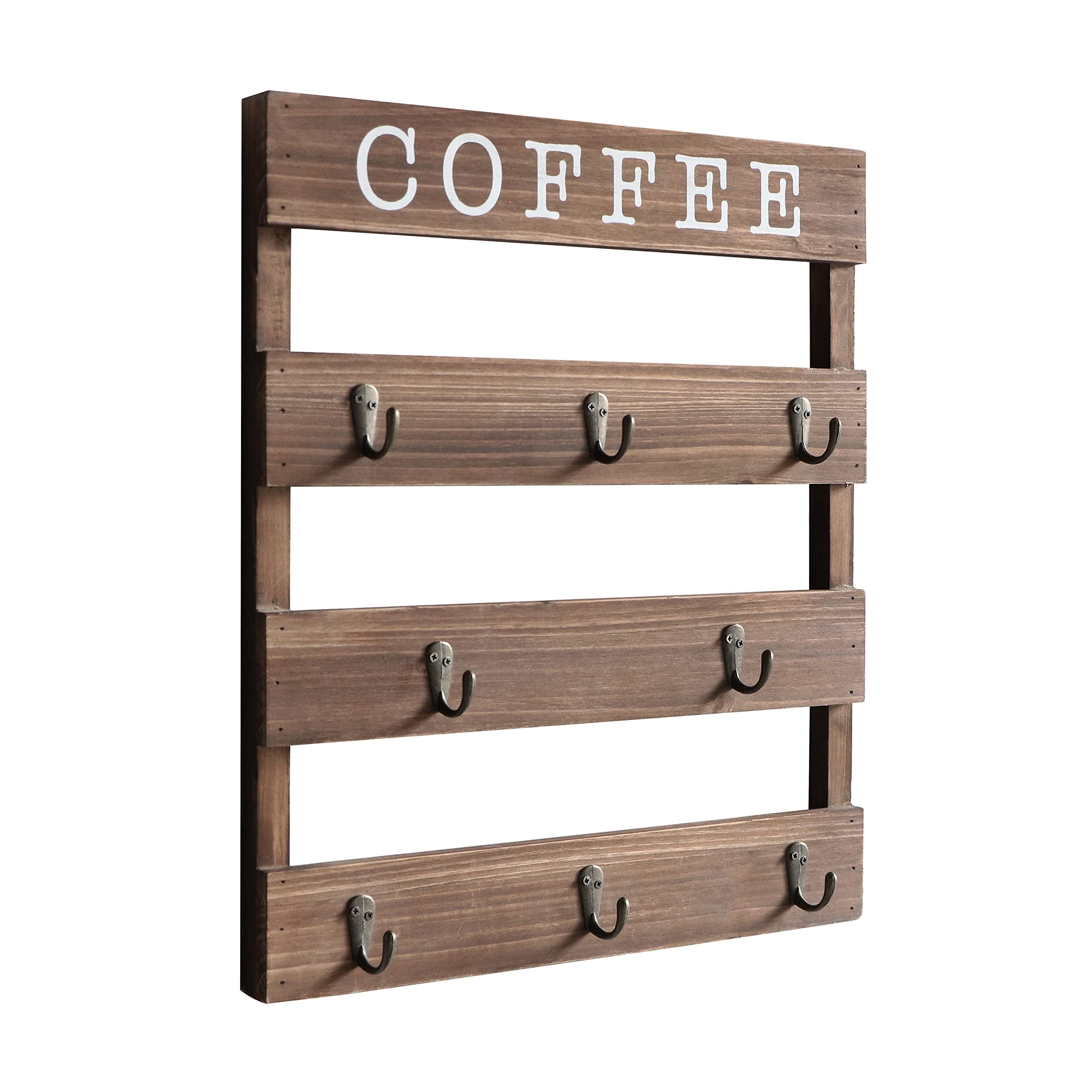 Arikago Solid Wood Coffee Mug Holder Wall Mounted, Rustic Cup Rack with 8 Hooks Large Space for Big Cups for Kitchen, Home, Coffee Bar Station (Brown)