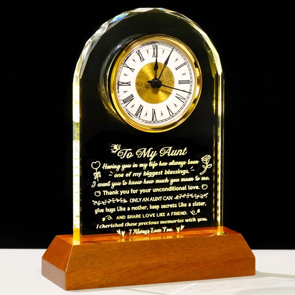 Arikyrist Aunt Gifts from Niece Nephew to My Aunt Glass Clock with Wooden LED Light Base Unique Birthday Christmas Mother's Day Thanksgiving Gift for Auntie Y101