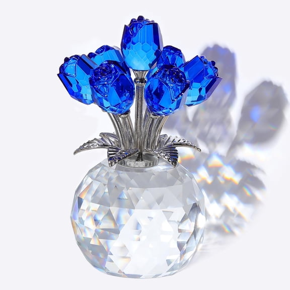 Arikyrist Crystal Blue Rose Bouquet Figurine with Round Vase, Glass Rose Flower Romantic Gifts for Women Sister on Birthday, Collectible Decoration Table Centerpiece for Home Y101