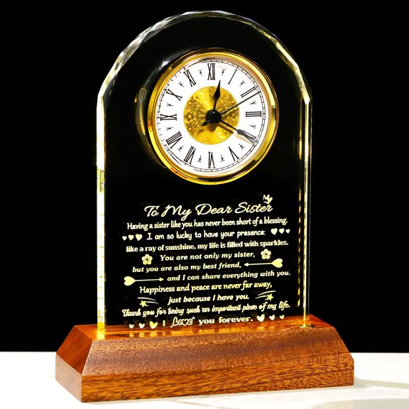 Arikyrist Gifts for Sisters Crystal Sister Clock with Wooden LED Light Base Birthday for Older Younger Sisters from Sister Brother Unique Room Office Decor A101