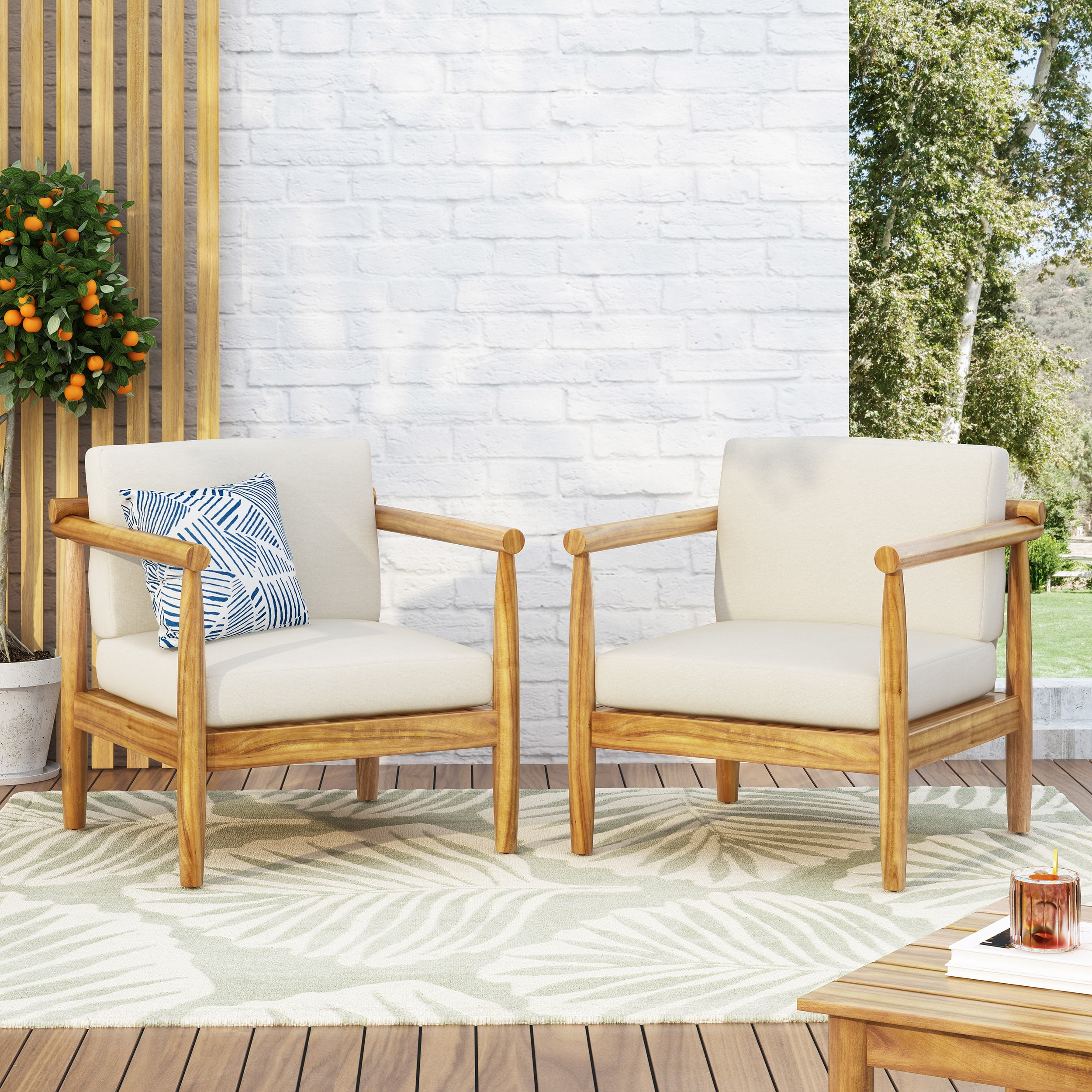 Arimo Acacia Wood Outdoor Club Chair with Cushion Set of 2 Teak and Cream Walmart