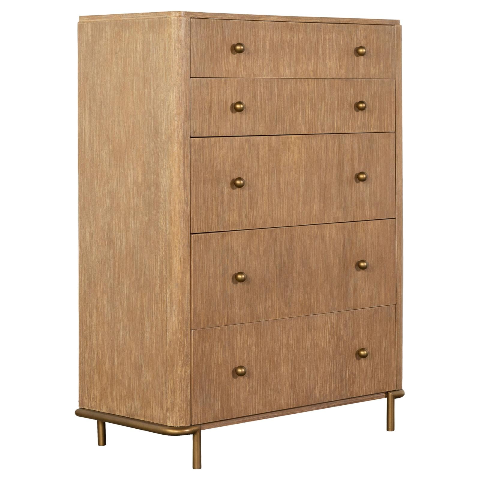 Light Brown Ash Veneer 5-Drawer Chest with Brass Hardware