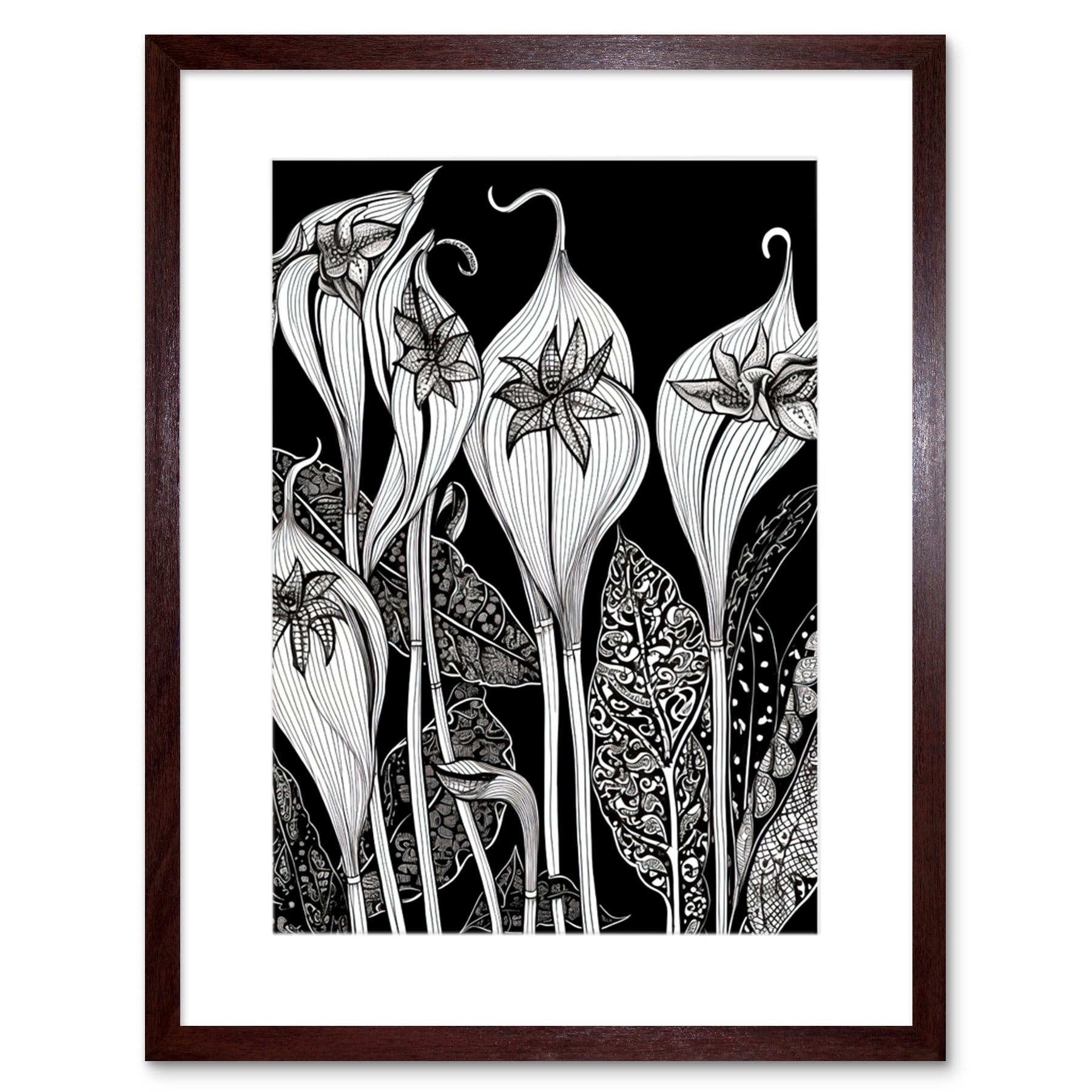 Arisaema Flower Plant Black and White Folk Art Artwork Framed Wall Art Print 9X7 Inch