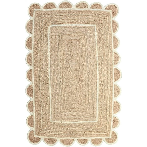 Arise Export Jute Bohemian Area Rug - 5' X 7' ft Scalloped Pattern Natural for Home Decor Item for Living Room Hallways Bedroom and Kitchen (Off White Colour 5' X 7' ft)