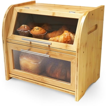 Arise Stylish Bamboo Bread Box for Kitchen Countertop, Extra Large 2-Shelf Wooden Bread Storage Container with Clear Windows and Air Vents Keep Bread, Bagels and Rolls Fresh, Self Assembly