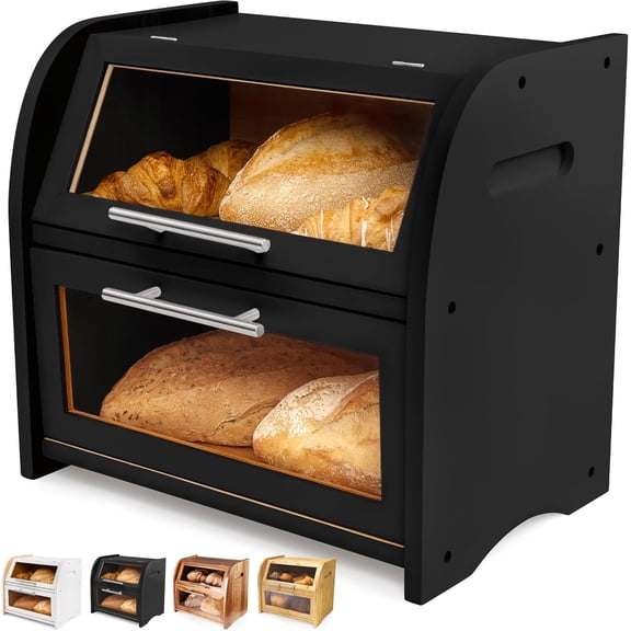 Arise Stylish Bamboo Bread Box for Kitchen Countertop, Extra Large 2-Shelf Wooden Bread Storage Container with Clear Windows and Air Vents Keep Bread, Bagels and Rolls Fresh, Self Assembly