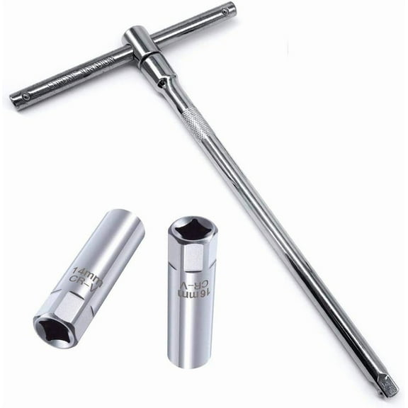 Ariseltys 14mm & 16mm Spark Plug Socket Thin Wall 12-Point Removal Tool 3/8 inch Square Drive Set + 3/8-Inch Drive Sliding T bar Torque Spanner Extension Kit 10inch/25cm