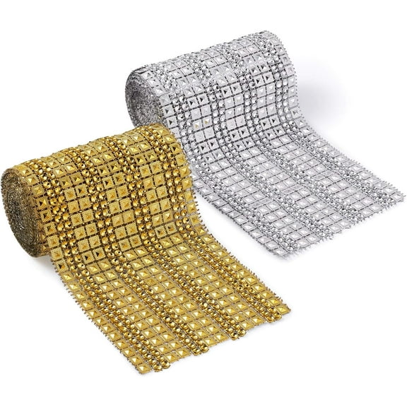 Ariseltys 4 Yards Pyramid Rhinestone Ribbons 2 Colors Diamond Mesh Wrap Roll Rhinestone Crystal Ribbons for Wedding Cake Baby Shower Birthday Vase Party Decorations Gift Wrapping