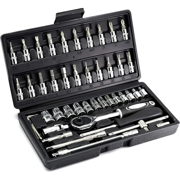 Ariseltys 46PCS 1/4 inch Drive Socket Set,Metric Ratchet Wrench Set with 4-14mm CR-V Sockets,S2 Bits,Extension Bars,Mechanic Tool Kits for Household Auto Repair