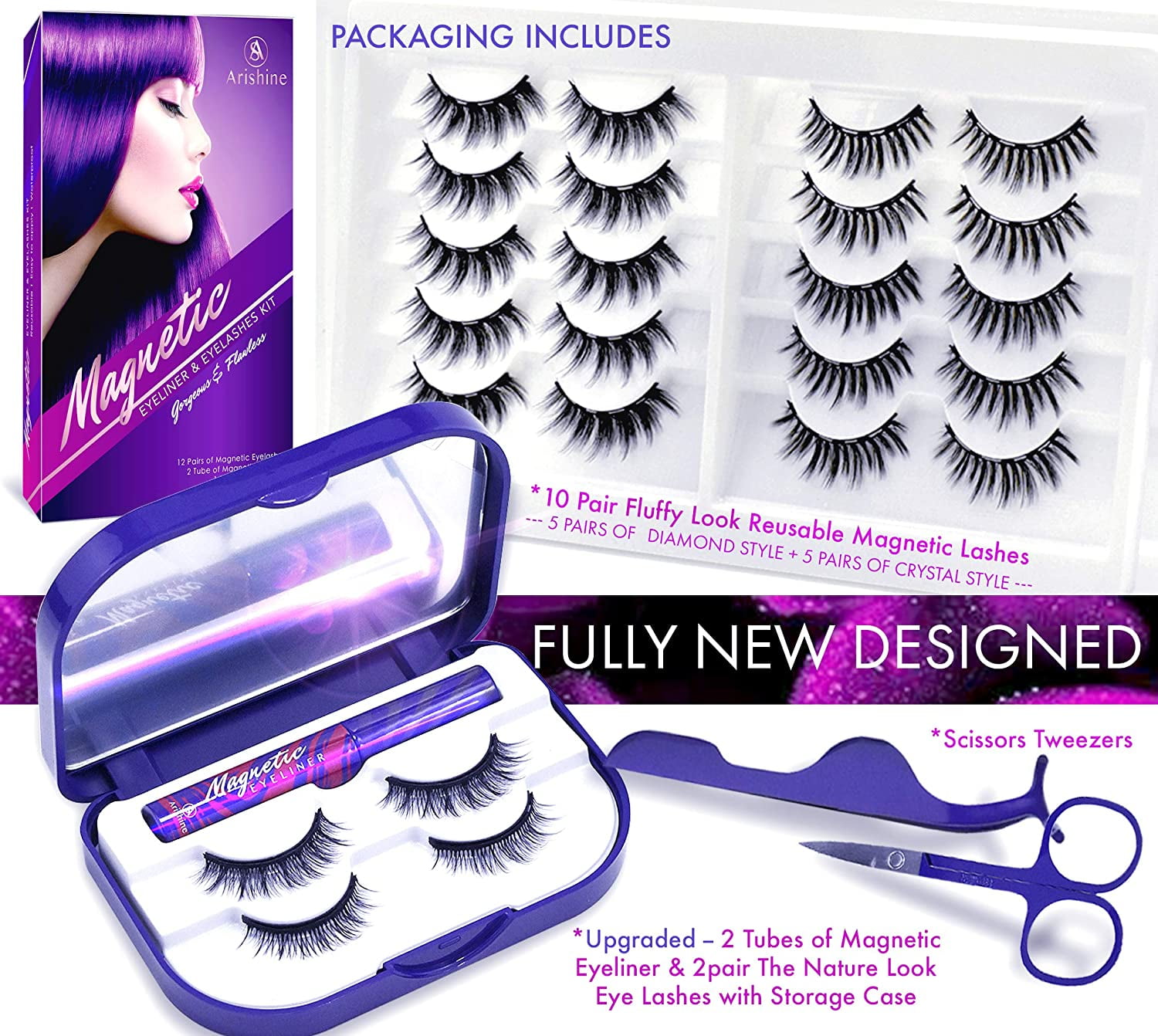 Arishine 3D 5D Magnetic Eyelashes with Eyeliner Kit, 10-Pair Reusable Fluffy Magnetic Lashes, 2 Pair Natural magnetic Eyelashes with 2 Tubes of Magnetic Eyeliner with Scissors Tweezers & Mirror Case