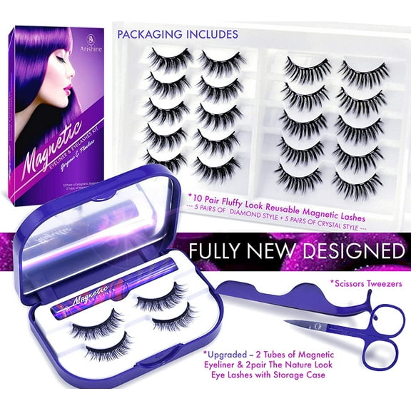 Arishine 3D 5D Magnetic Eyelashes with Eyeliner Kit, 10-Pair Reusable Fluffy Magnetic Lashes, 2 Pair Natural magnetic Eyelashes with 2 Tubes of Magnetic Eyeliner with Scissors Tweezers & Mirror Case