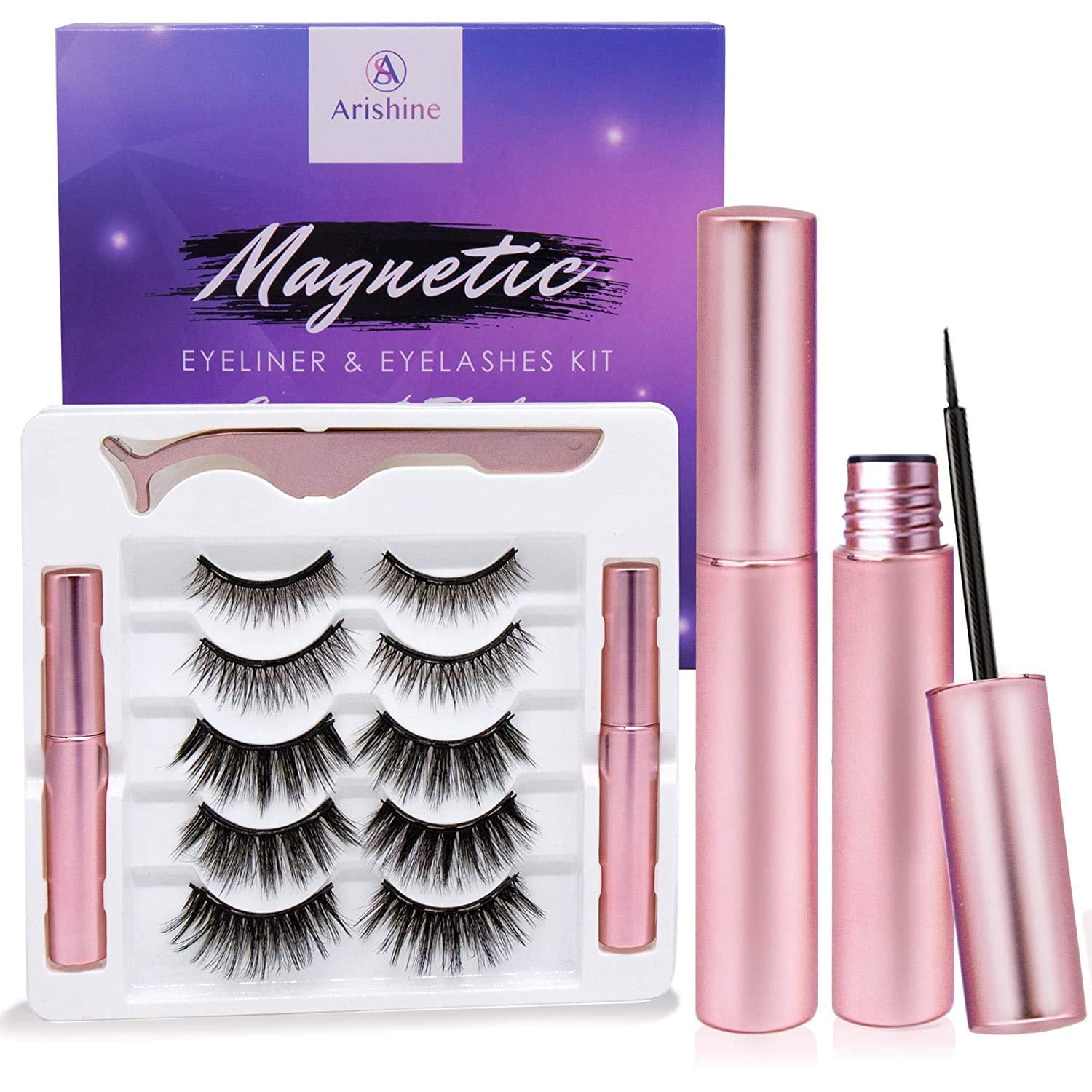Arishine 5 Pairs Reusable Magnetic Eyelashes and 2 Tubes of Magnetic Eyeliner Kit