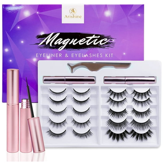 Arishine updated 3D 6D Magnetic Eyelashes with Eyeliner Kit- 2 Tubes of Magnetic Eyeliner & 10 Pairs Magnetic Eyelashes Kit
