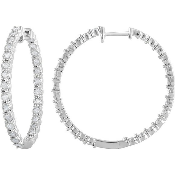 1.00 Carat Diamond, Sterling Silver Inside-Out Round Cut Real Diamond Hoop Earrings for Women (J-K, I3)