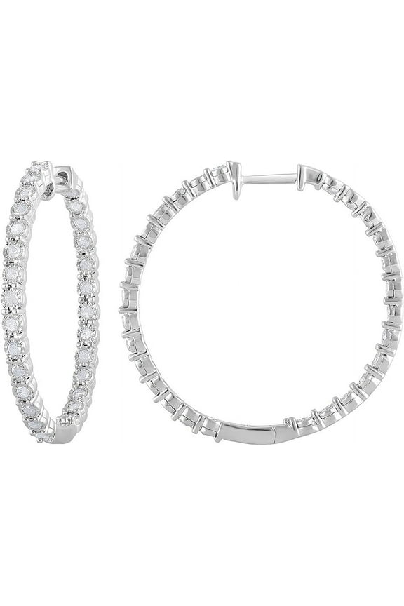 1.00 Carat Diamond, Sterling Silver Inside-Out Round Cut Real Diamond Hoop Earrings for Women (J-K, I3)