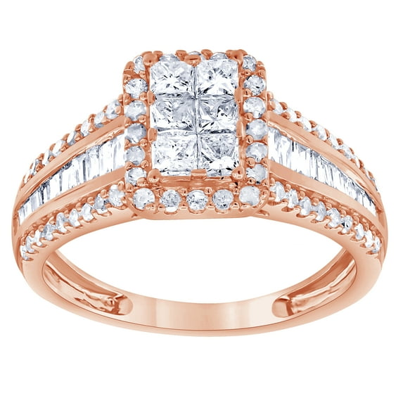 Arista 1.00 Carat Princess, Round and Baguette Diamond Engagement Ring in 10K Pink Gold (I-J, I2-I3)