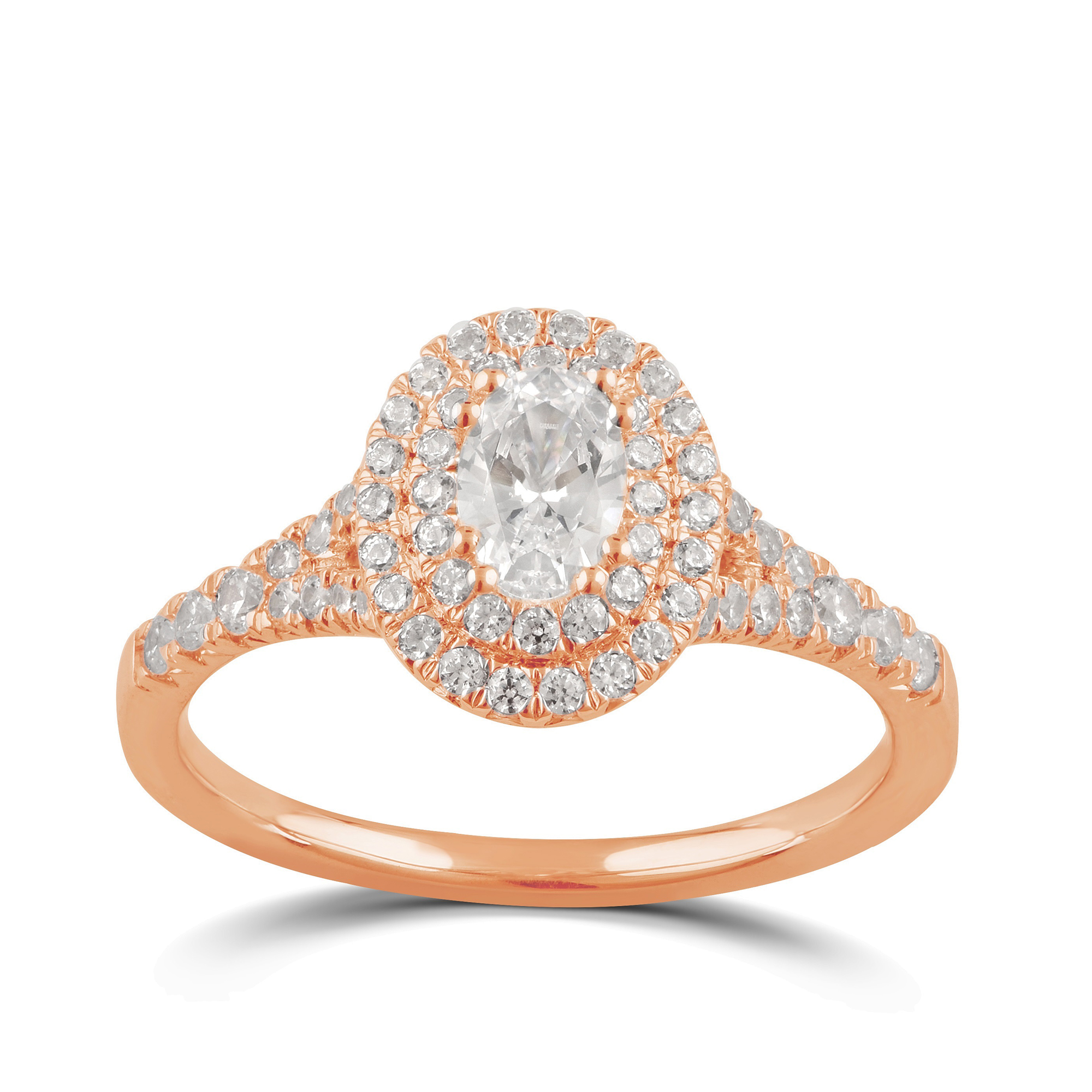 Arista 1.00 Carat T.W. Oval Swarovski Sterling Silver Pink Plated Double Halo Engagement Ring