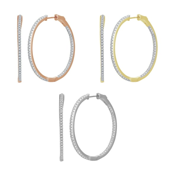 Arista 1/2 Carat T.W.Cubic Zirconia Inside Outside Hoop Earring in Rhodium Overlay Brass, 0.8"