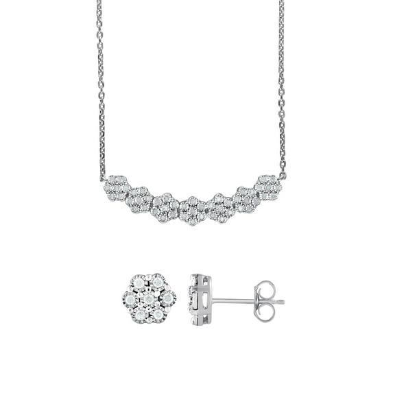 Arista 1/2 Carat T.W White Flower Earrings and Necklace 2 Pcs Set in Sterling Silver, 18" (I-J, I2-I3)