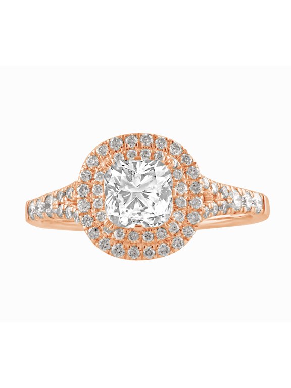 1.25 ct Cushion cut Swarovski Diamonds Double Halo Engagement Ring in Pink plated Sterling Silver
