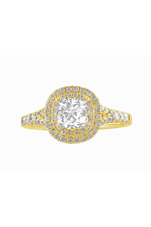 1.25 ct Cushion cut Swarovski Diamonds Double Halo Engagement Ring in Yellow plated Sterling Silver