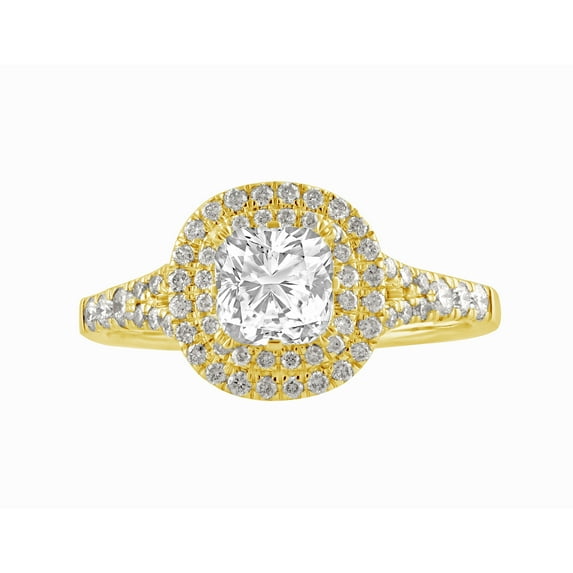 Arista 1.25 ct Cushion cut Swarovski Diamonds Double Halo Engagement Ring in Yellow plated Sterling Silver